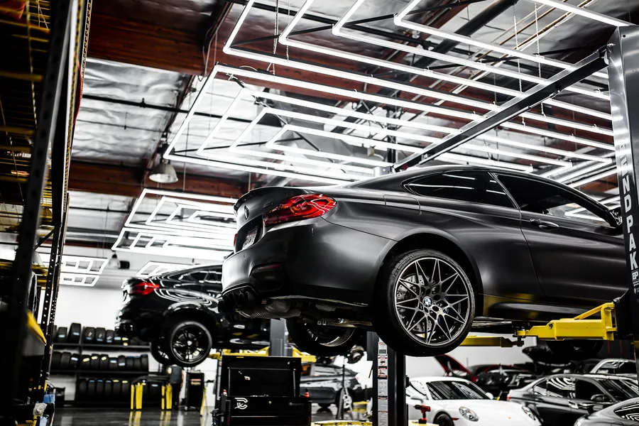 A wide view of the workshop with the bays and ramps