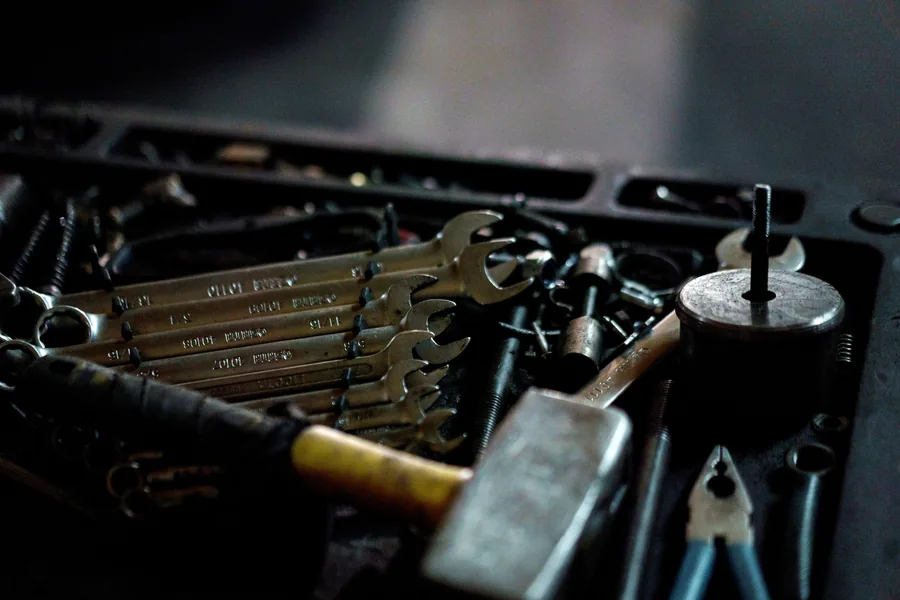 Workshop hand tools laid out